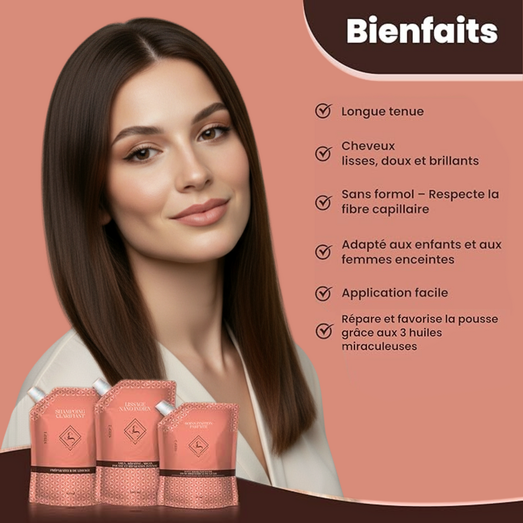 Kit lissage nano indien sans formol - A base d'huile - Favorise la pousse - Tenue longue durée